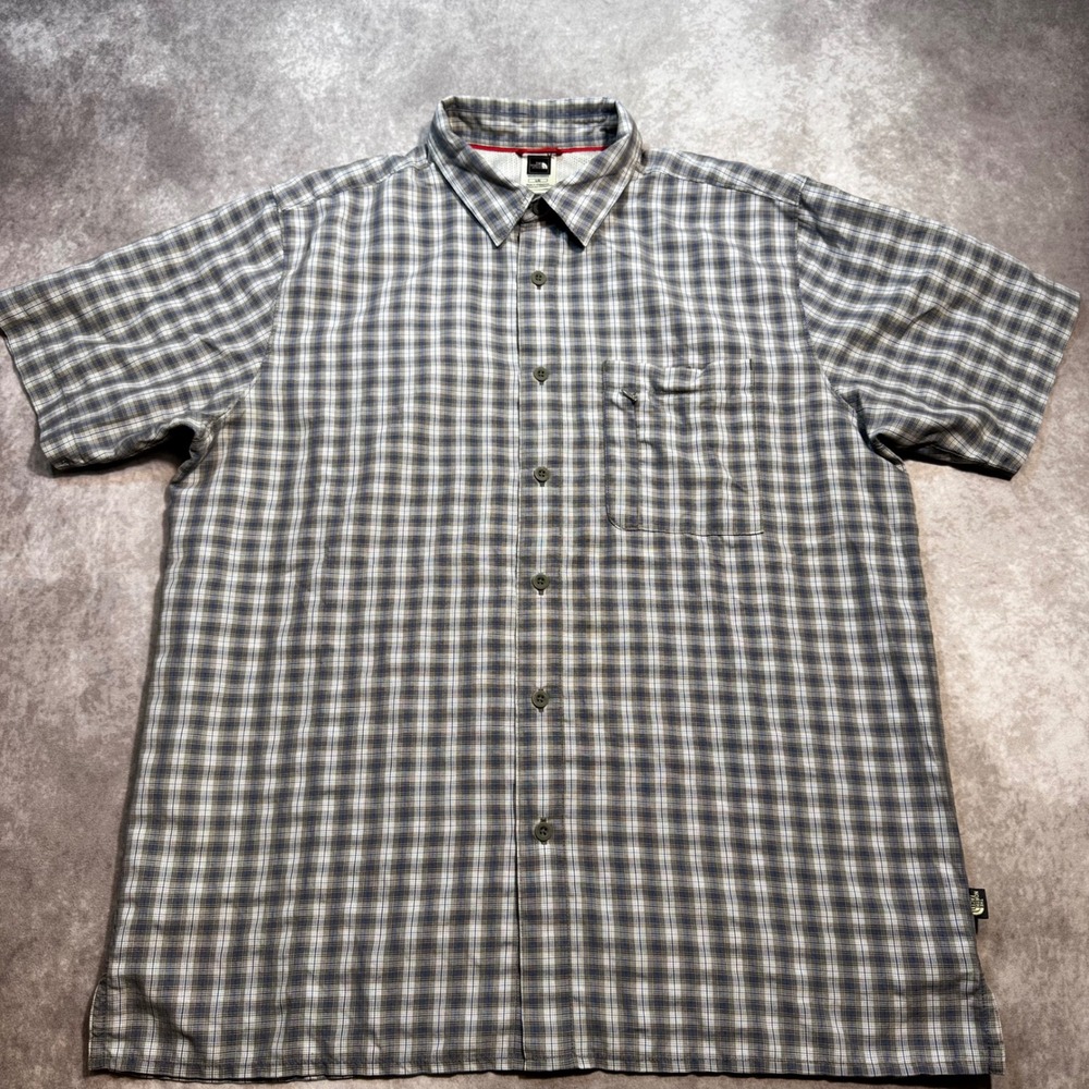 The North Face Mens Large Plaid Button Down Shirt Short Sleeve Gray Blue TB50 - Picture 2 of 8
